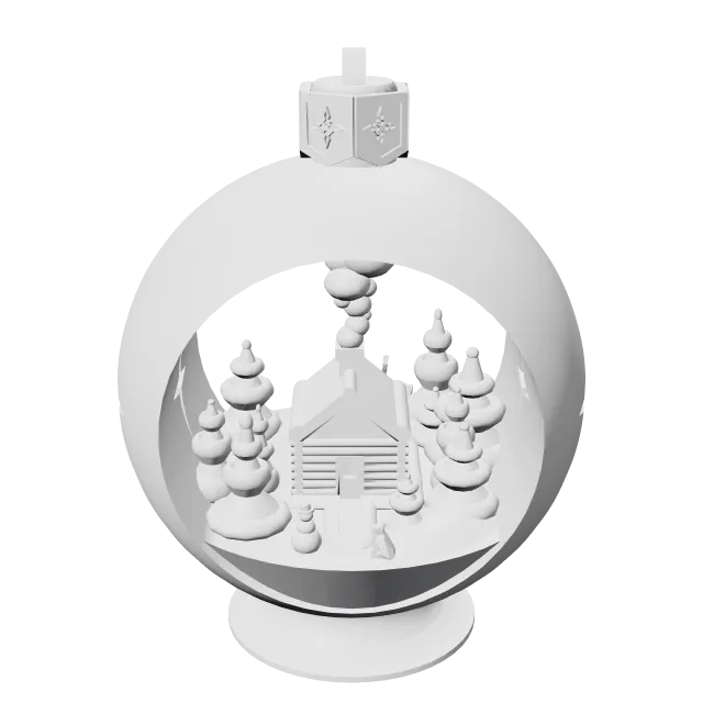 Winter Cabin Snow Globe Ornament – 360° preview, front view, drawn from the designer's file