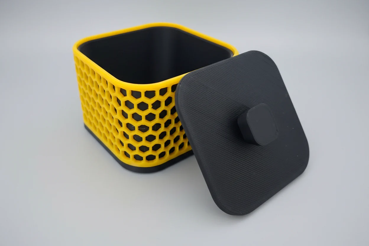 Modern decorative storage box – stylish 3d printed organizer in black & yellow